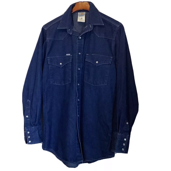Vtg Carhartt Shirt Mens 15.5x34 Blue Denim Pearl Snap Western Cowboy USA Made - Picture 3 of 9